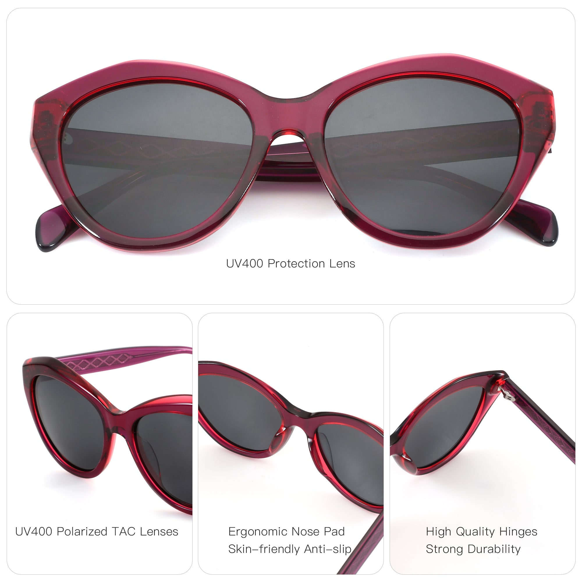 Zenottic Lavinia women's sunglasses in rich purple with dark lenses, featuring UV400 protection and ergonomic design.