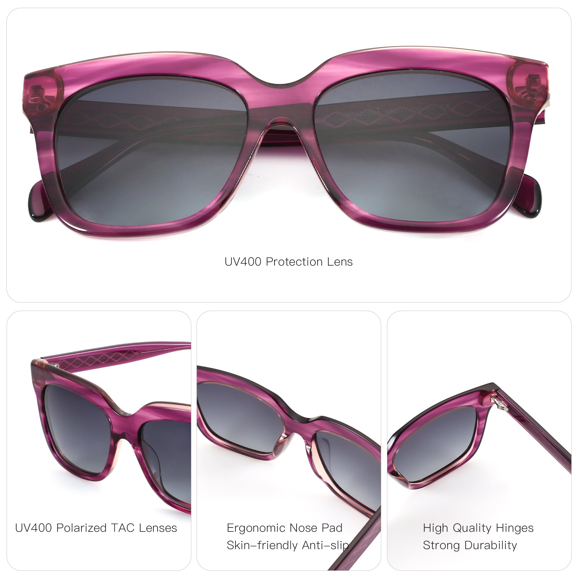 Zenottic Anthea purple square sunglasses with dark lenses, UV400 protection.