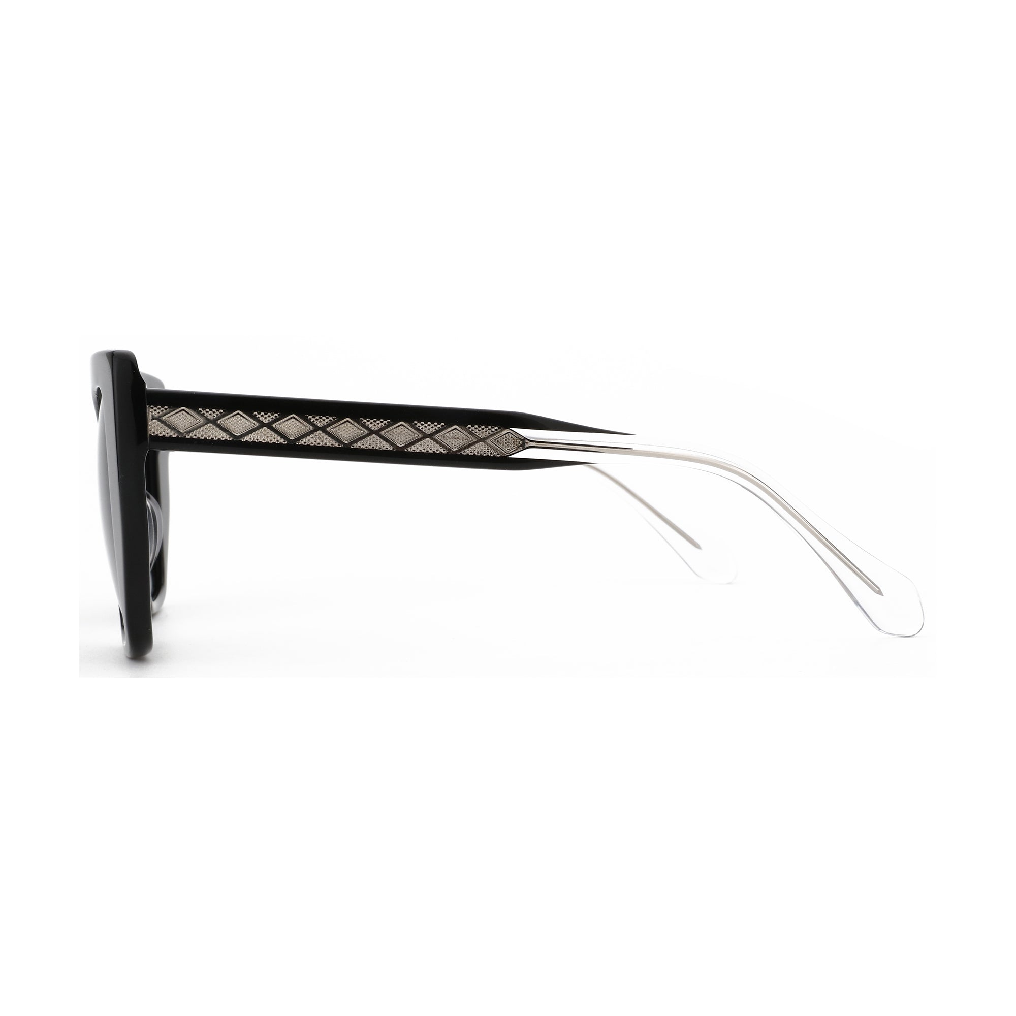 Zenottic Dreamboat black acetate square sunglasses featuring intricate silver diamond temple pattern