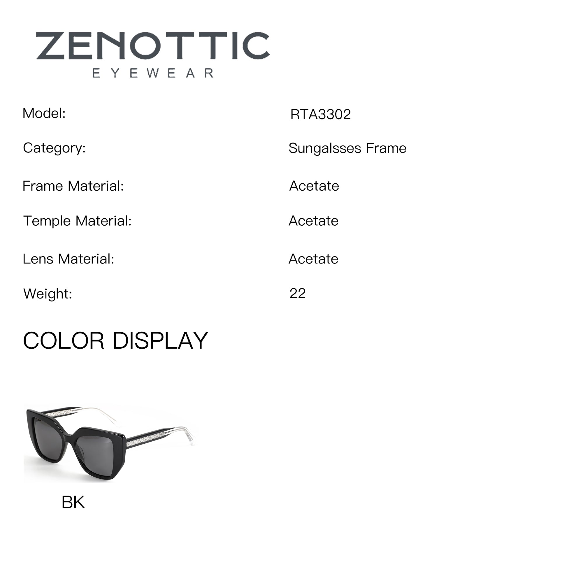 Zenottic RTA3302 black acetate square prescription sunglasses