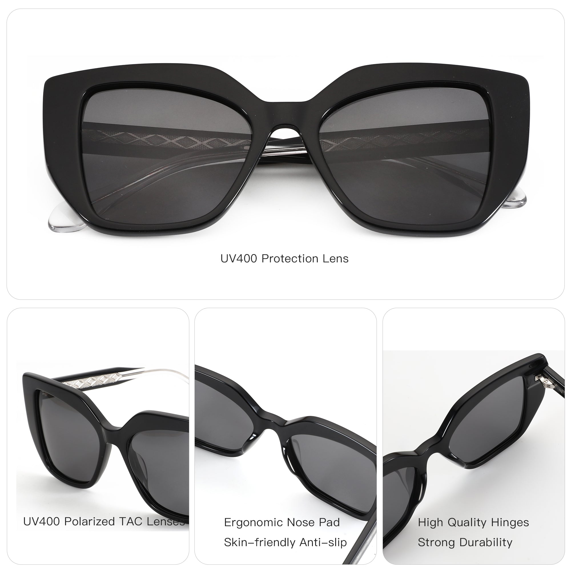 Zenottic Dreamboat black acetate square sunglasses with UV400 polarized lenses.