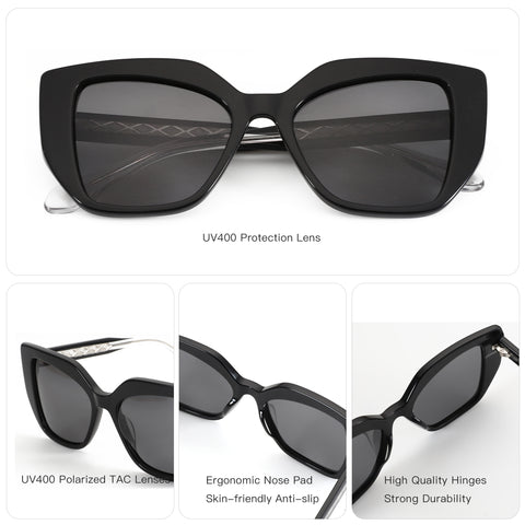 Zenottic Dreamboat black acetate square sunglasses with UV400 polarized lenses.