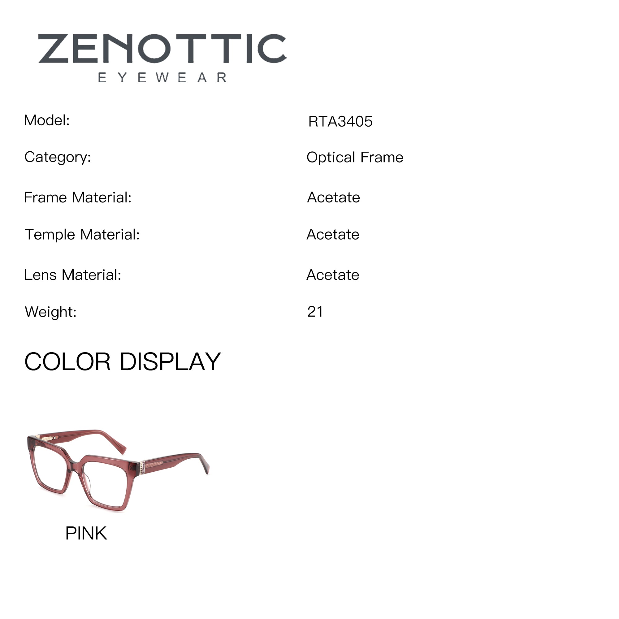 ZENOTTIC Evina pink acetate fashion square eyeglasses.