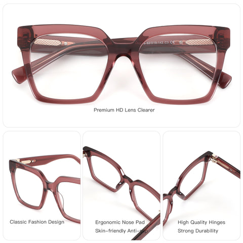 ZENOTTIC Evina square eyeglasses, classic design, reddish-brown acetate frame