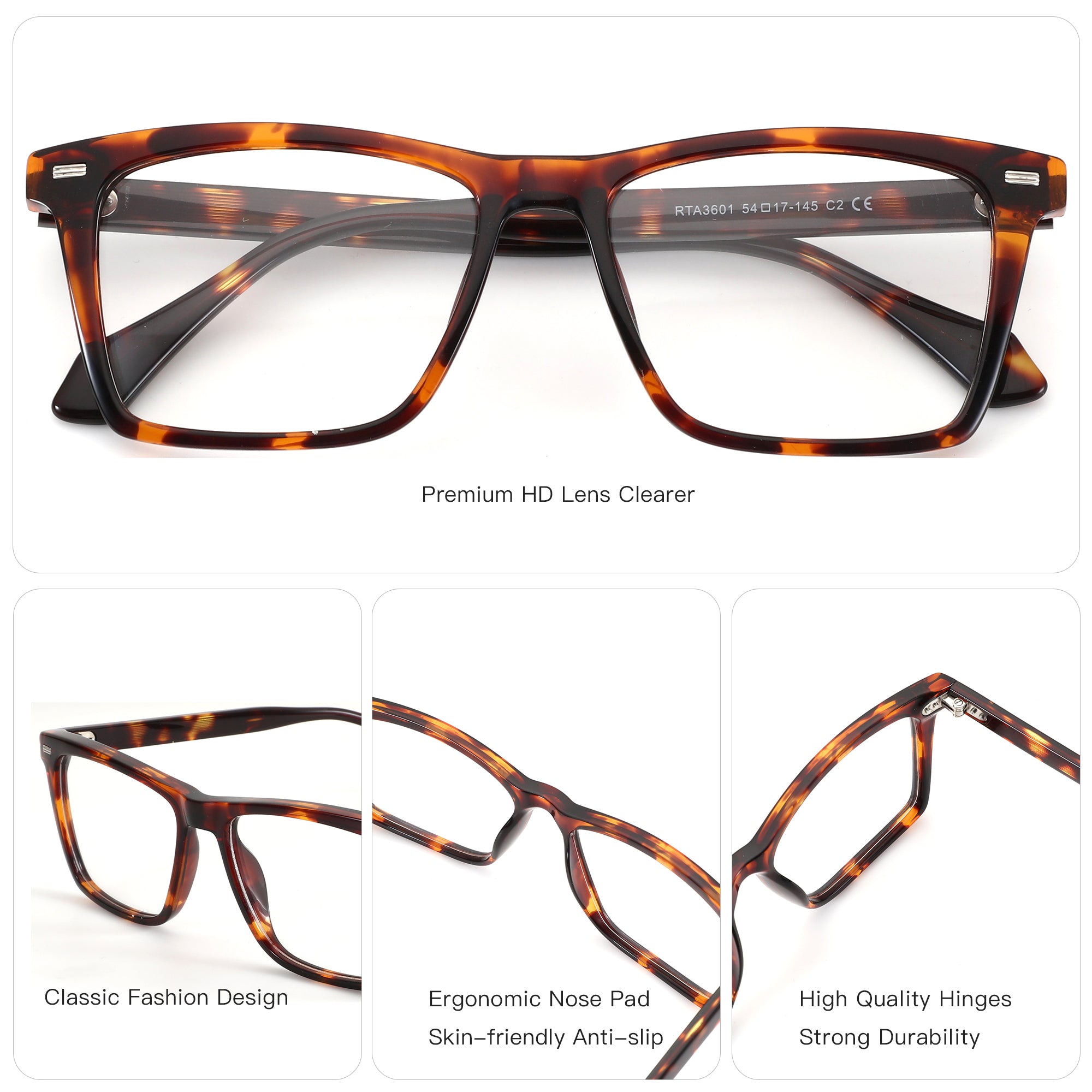 ZENOTTIC Jesse eyeglasses, tortoise shell acetate square frame, RTA3601 model, CE.