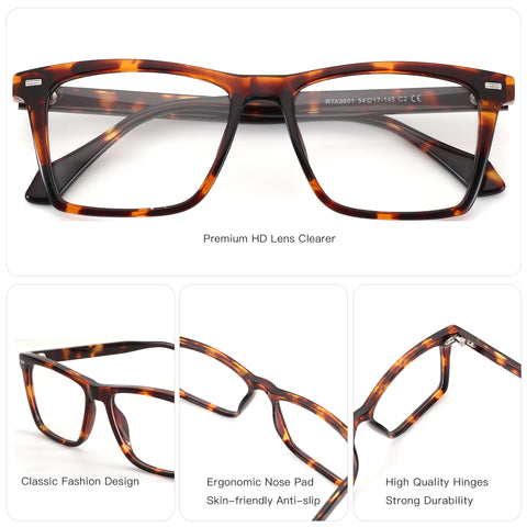 ZENOTTIC Jesse eyeglasses, tortoise shell acetate square frame, RTA3601 model, CE.
