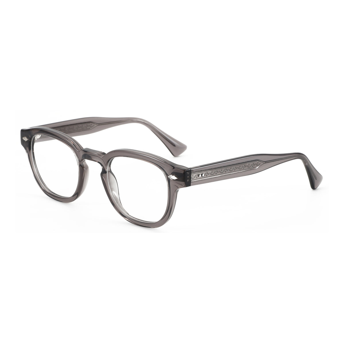 ZENOTTIC Enrique eyeglasses: transparent grey acetate retro round frame with patterned temples.