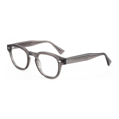 ZENOTTIC Enrique eyeglasses: transparent grey acetate retro round frame with patterned temples.