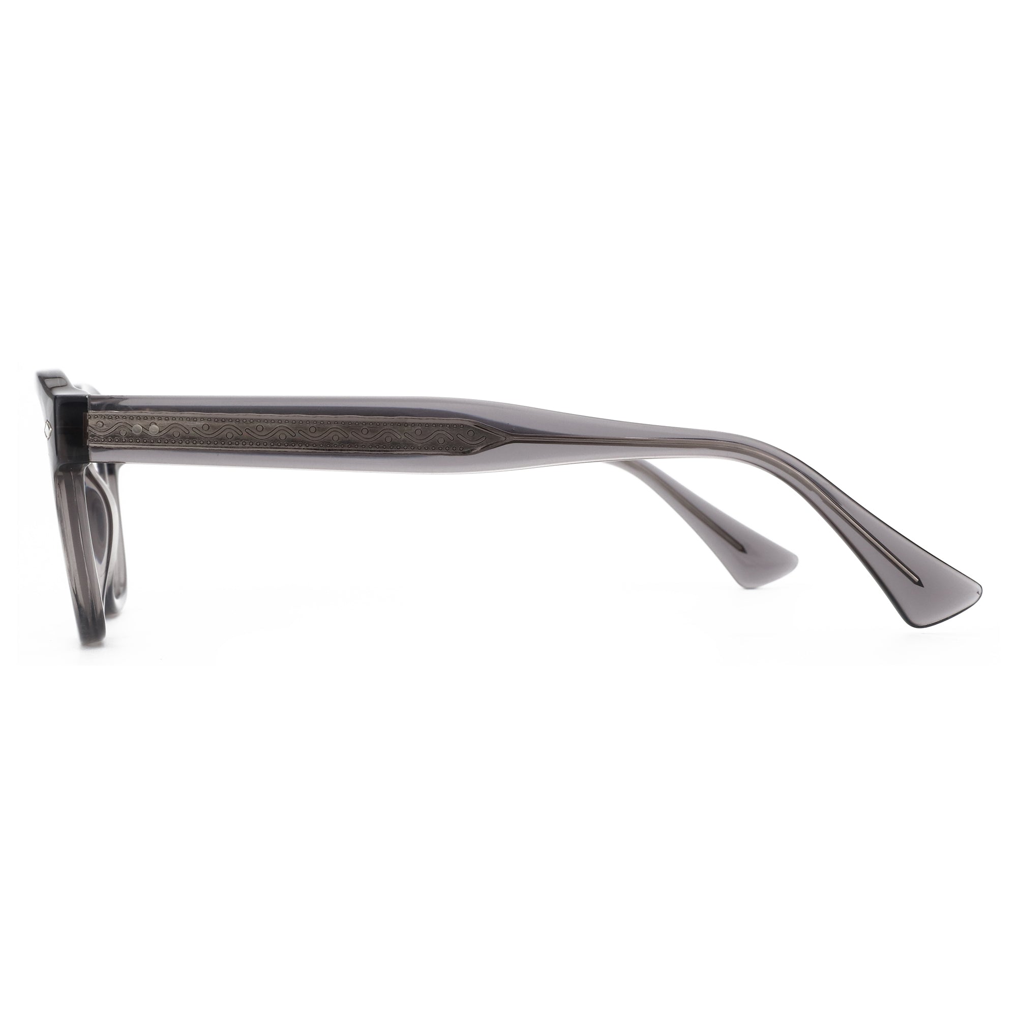 Zenottic Enrique retro round eyeglasses: smoky grey acetate frame with engraved temple detail.