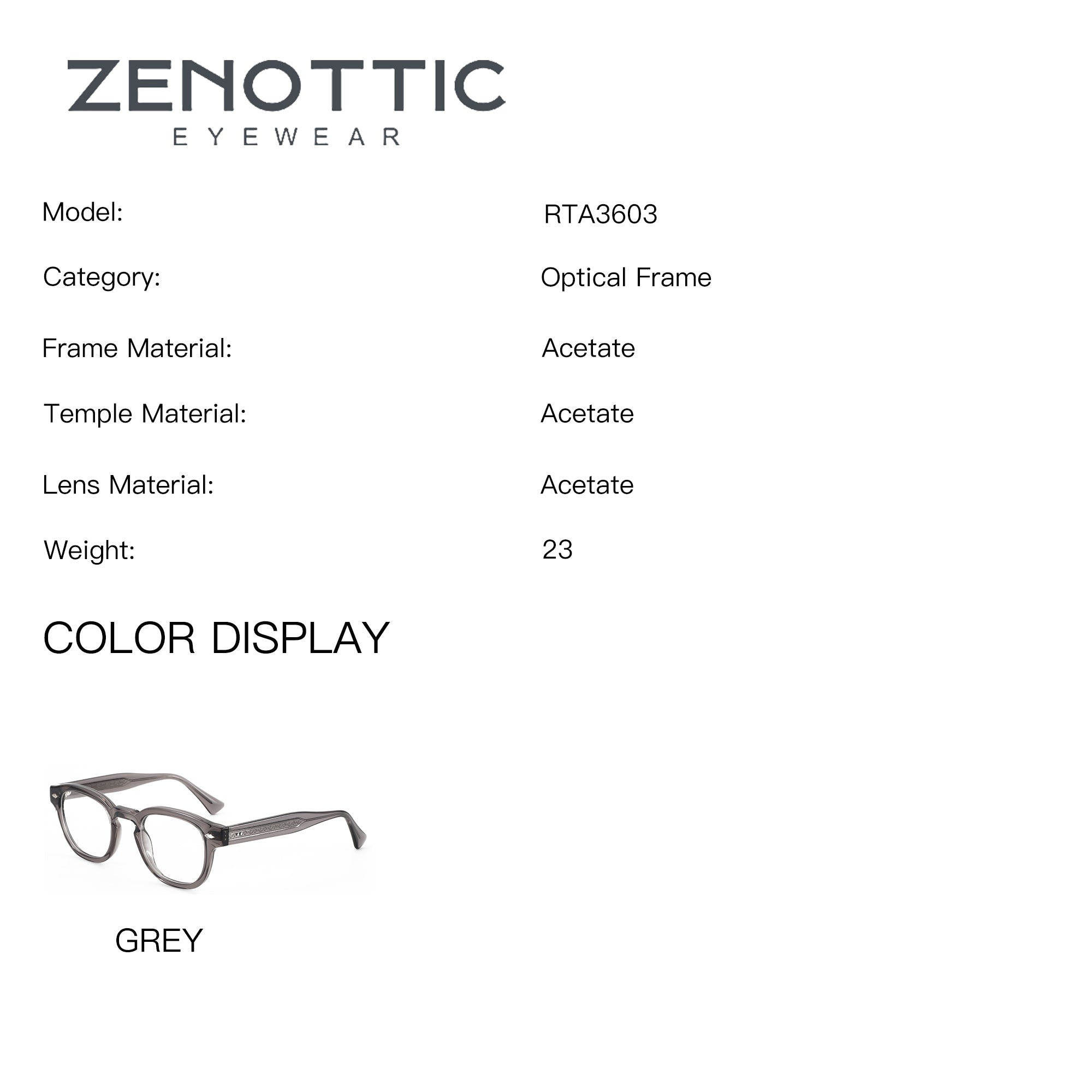 ZENOTTIC Enrique RTA3603 grey retro round acetate eyeglasses