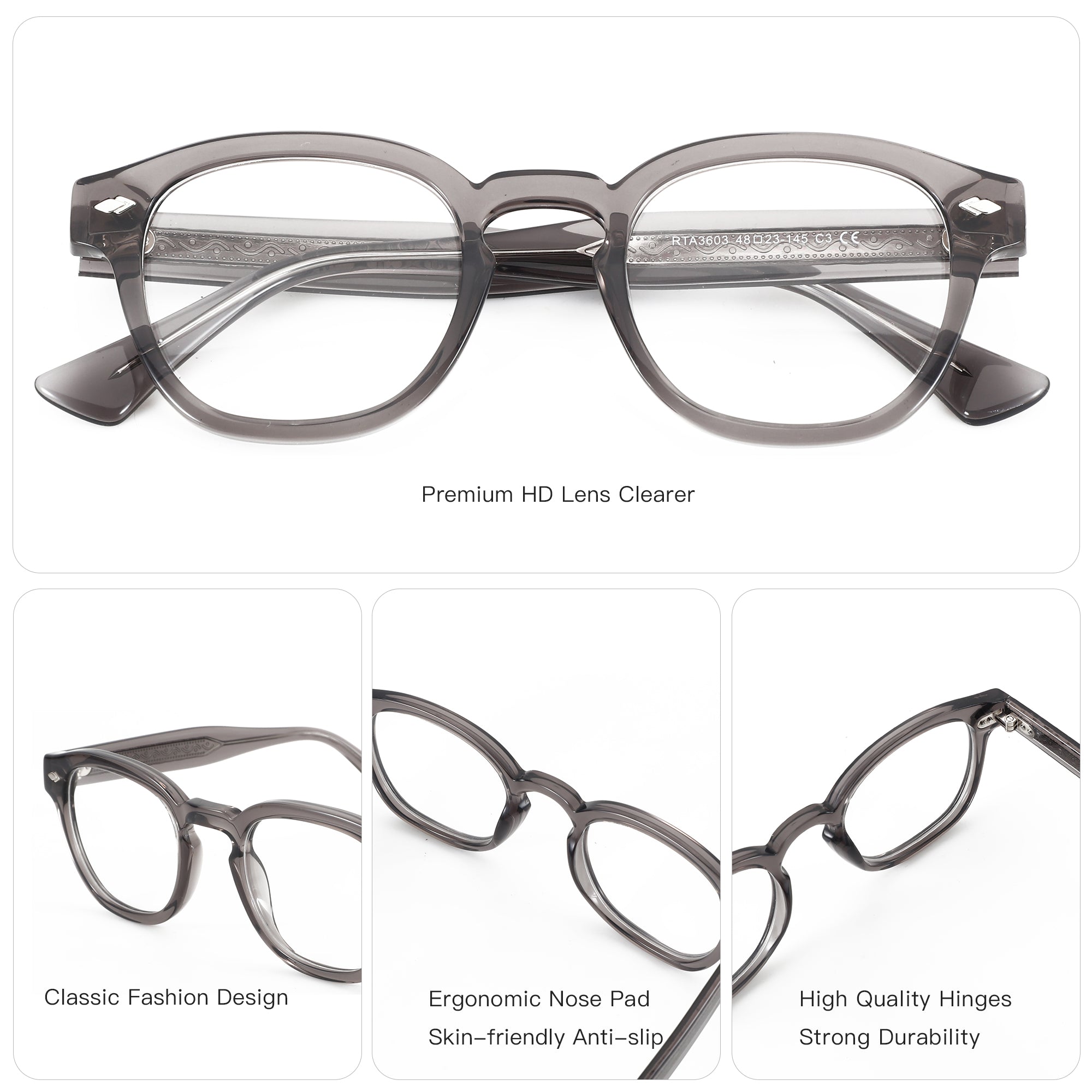 ZENOTTIC Enrique RTA3603 transparent grey acetate retro round eyeglasses with premium HD lens