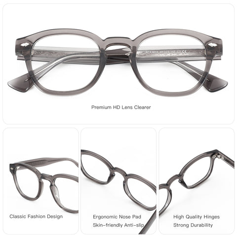 ZENOTTIC Enrique RTA3603 transparent grey acetate retro round eyeglasses with premium HD lens