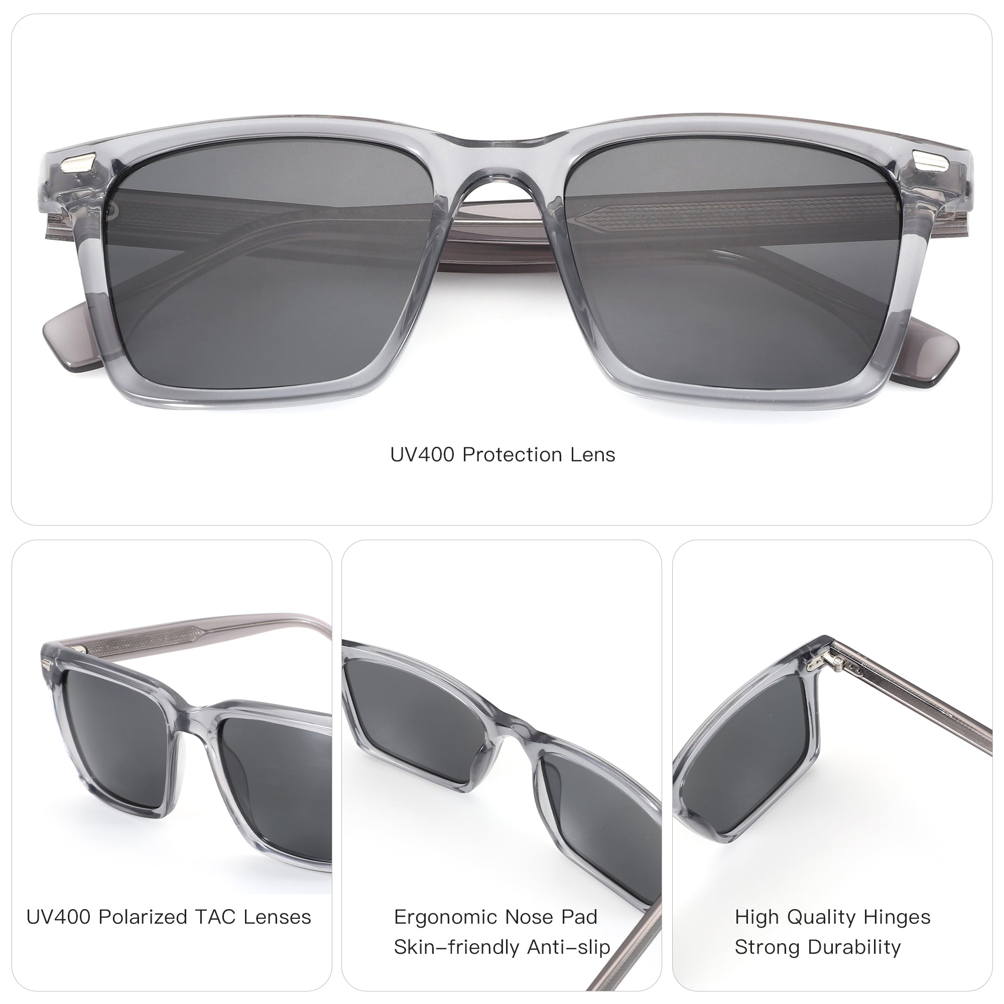 Zenottic Addison grey square sunglasses with polarized UV400 lenses.