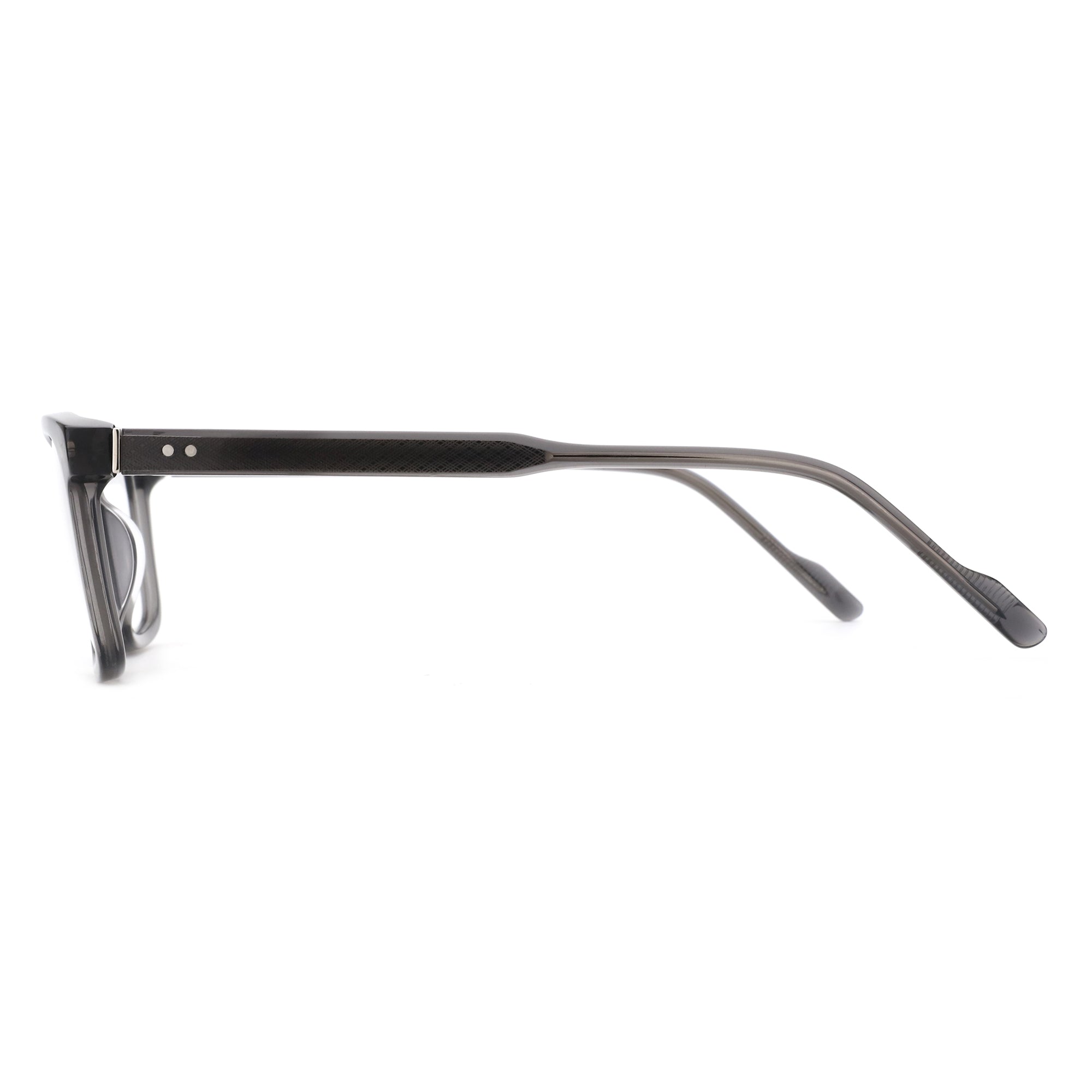 Zenottic Rickey eyeglasses: black acetate square frame, side view with textured temple detail.
