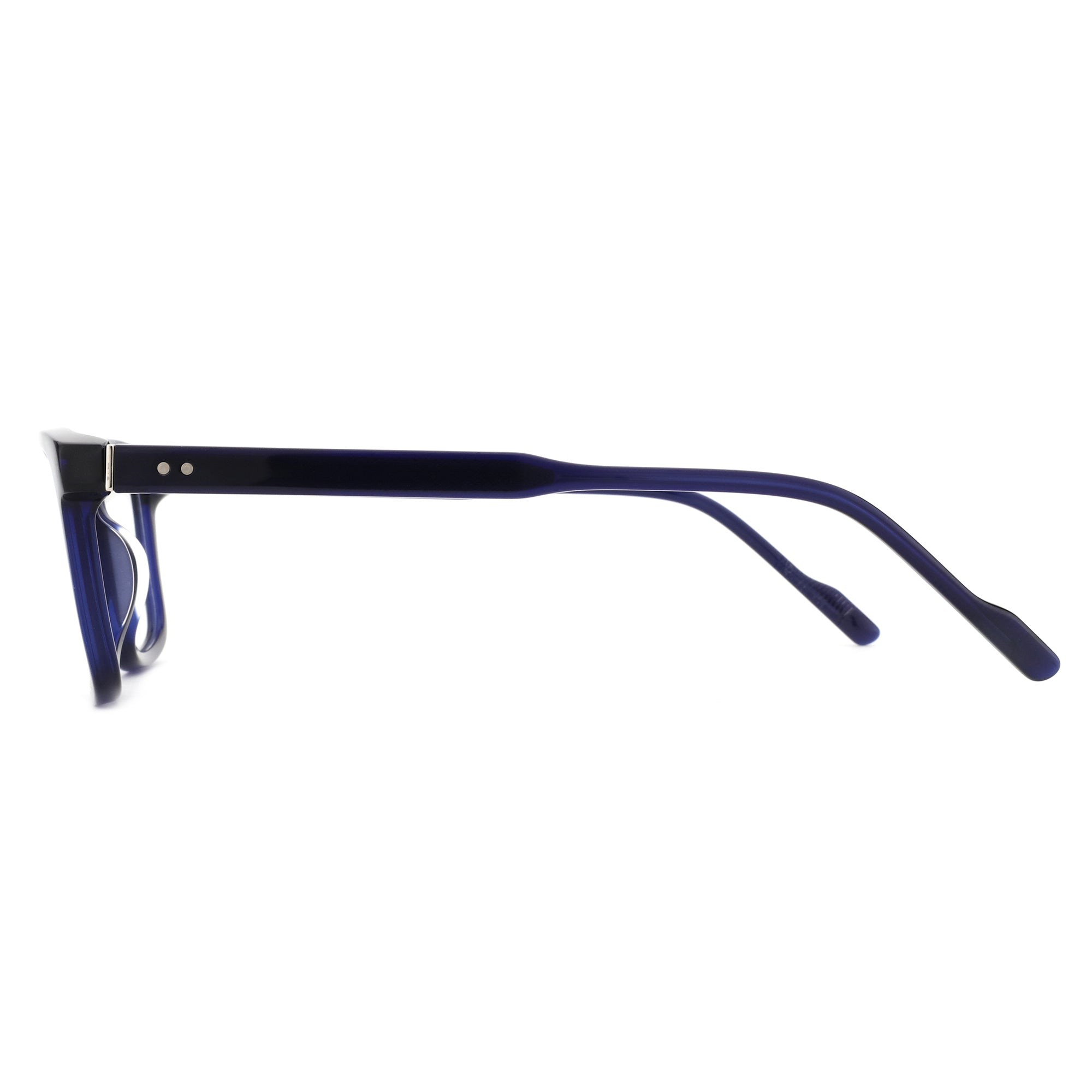 ZENOTTIC Rickey eyeglasses: dark blue acetate square frame, side view with rivets.