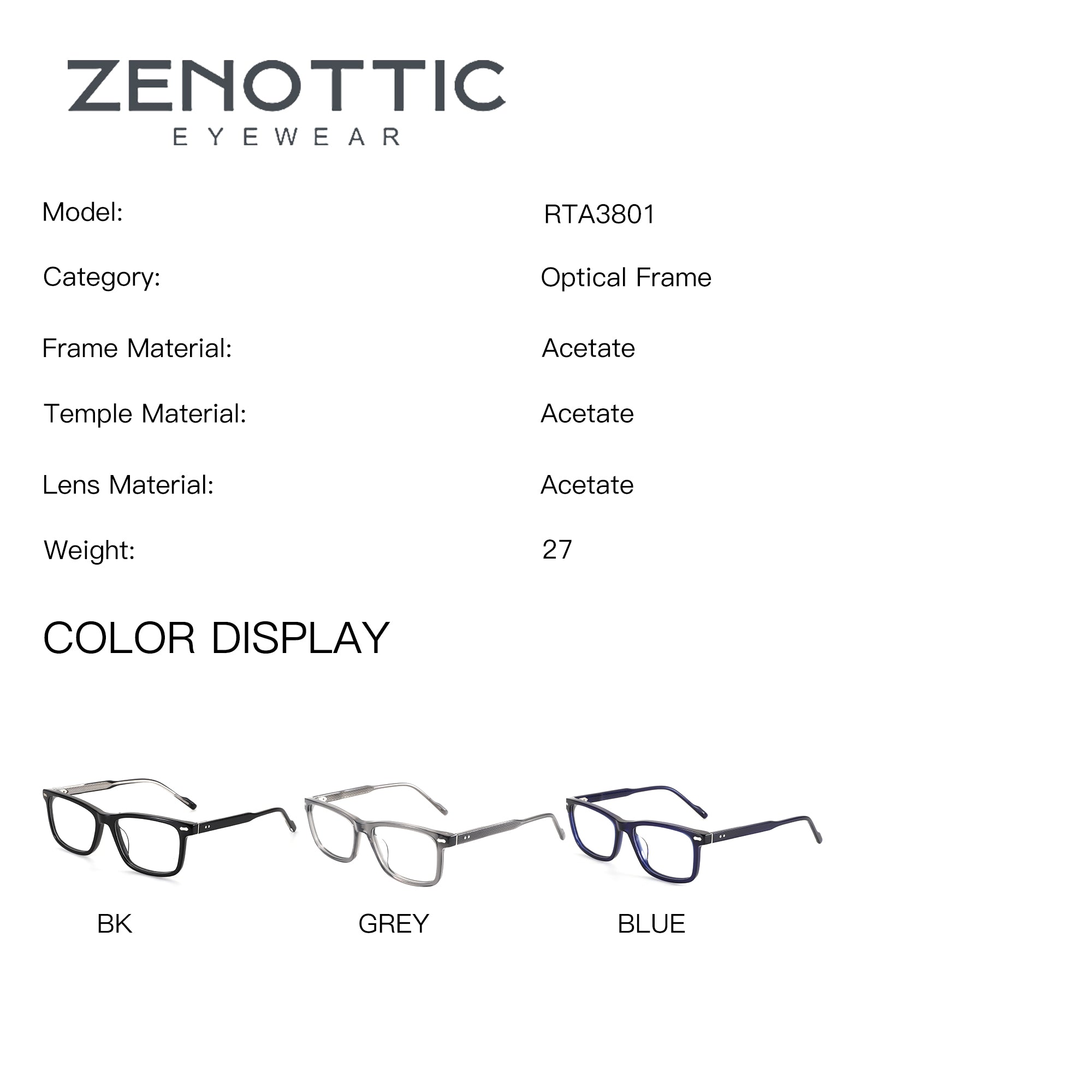 Zenottic Rickey square eyeglasses: black, grey, blue acetate frames.