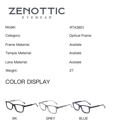 Zenottic Rickey square eyeglasses: black, grey, blue acetate frames.