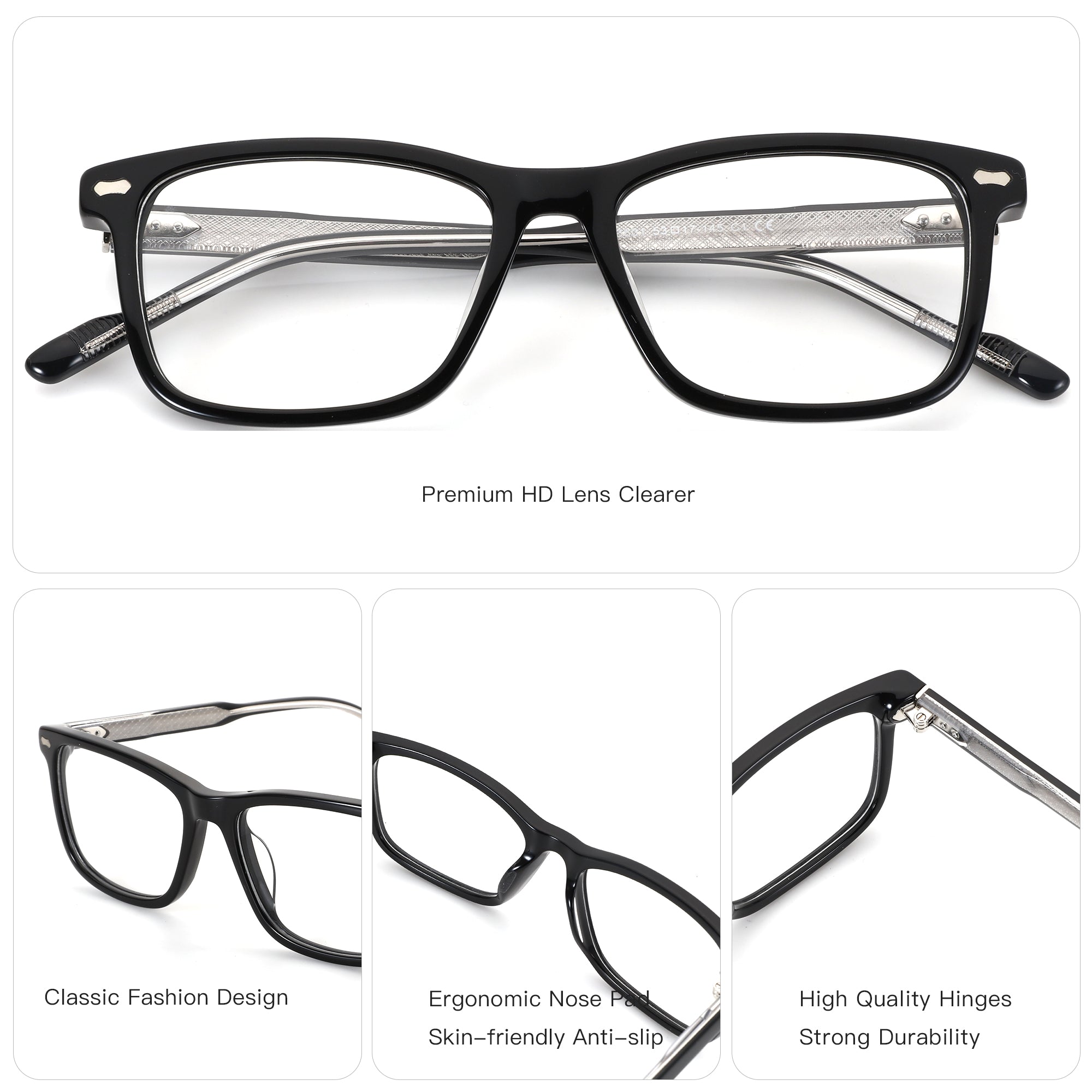 Zenottic Rickey black acetate square frame eyeglasses, casual fashion style