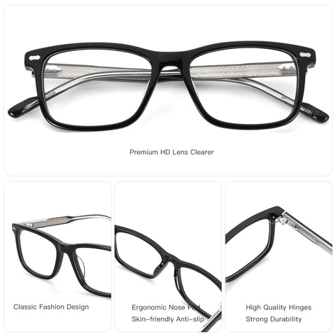 Zenottic Rickey black acetate square frame eyeglasses, casual fashion style