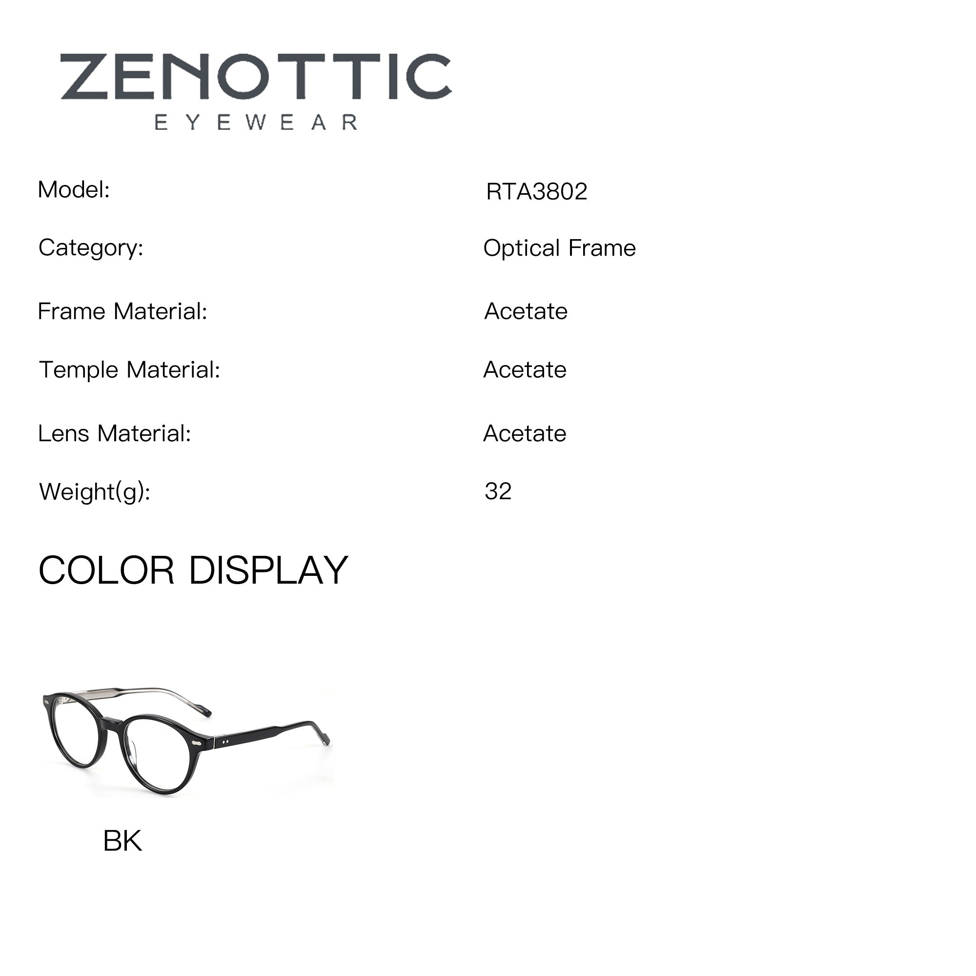 Zenottic Aphrodite black acetate retro round women's prescription glasses