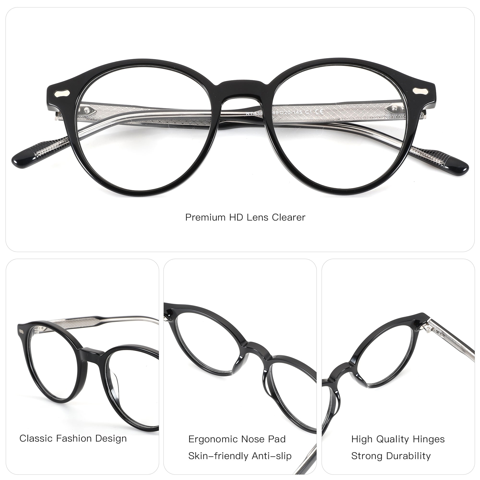 ZENOTTIC Aphrodite black acetate women's retro round eyeglasses with silver details