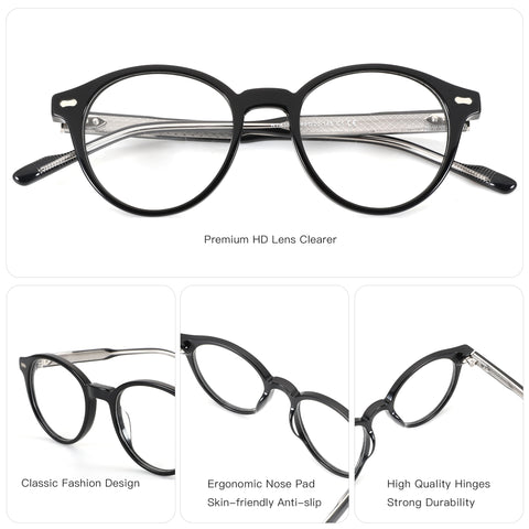 ZENOTTIC Aphrodite black acetate women's retro round eyeglasses with silver details
