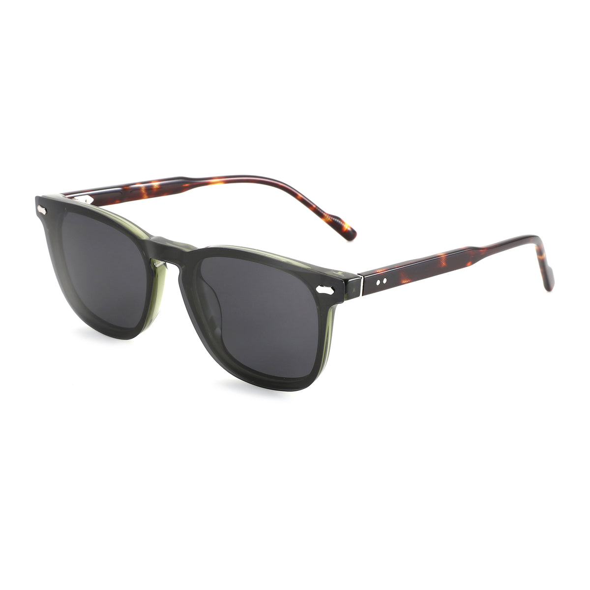 Zenottic Jose men's square sunglasses with olive acetate frame and tortoise temples.