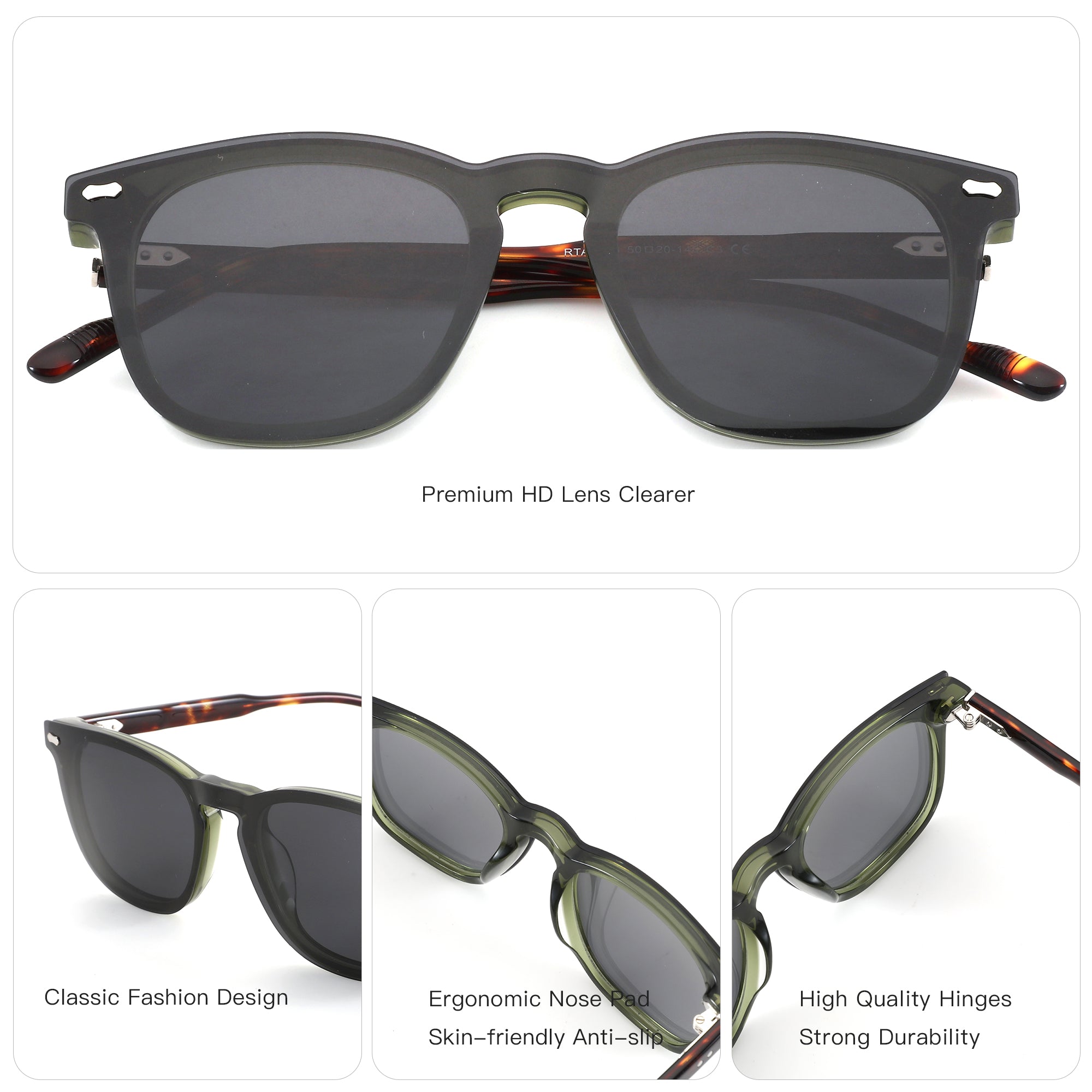 Zenottic Jose square sunglasses: dark green acetate frame, tortoise temples, UV protection.