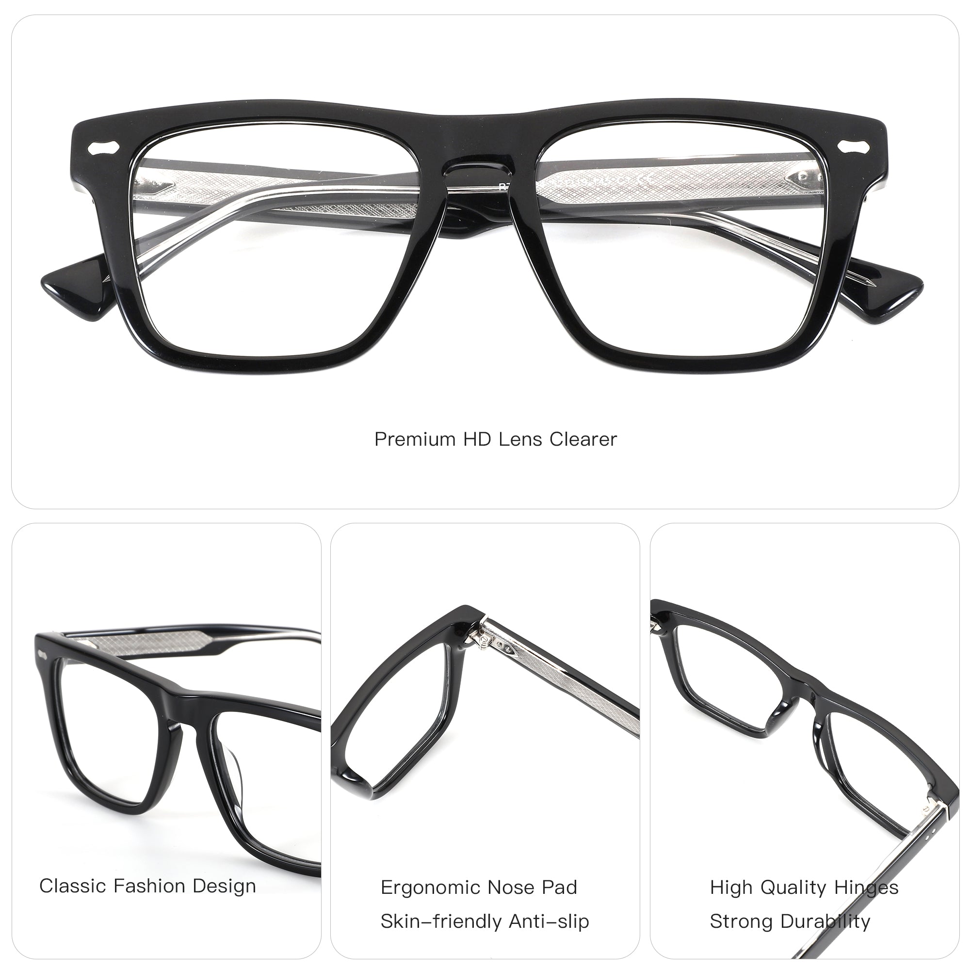 Black acetate square designer eyeglasses by ZENOTTIC, Cooper model, classic fashion style.