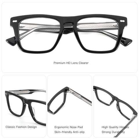 Black acetate square designer eyeglasses by ZENOTTIC, Cooper model, classic fashion style.
