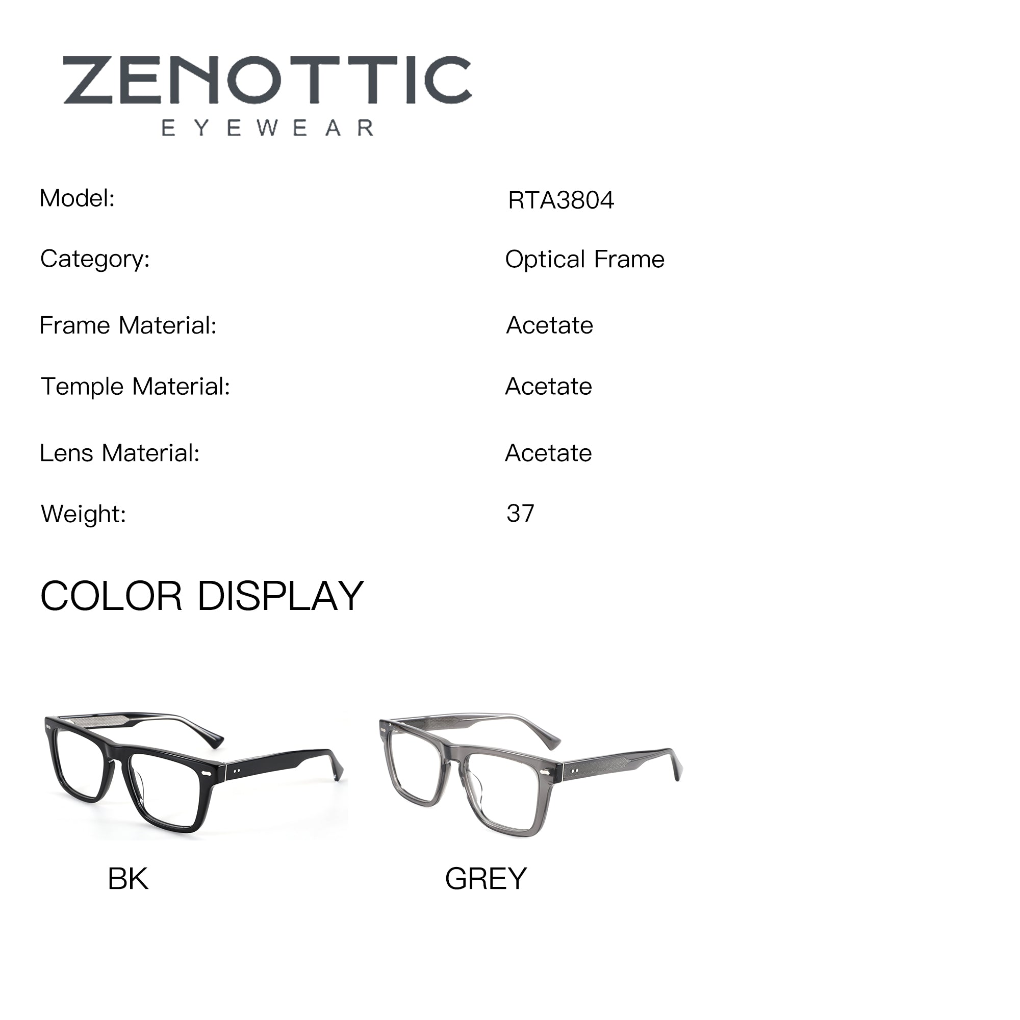 ZENOTTIC Cooper RTA3804 eyeglasses in black and grey, acetate frame details.