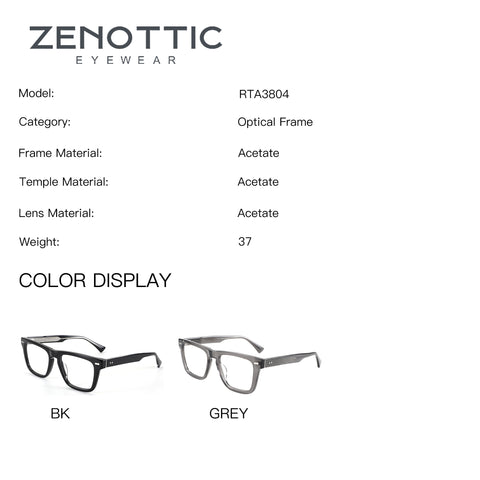 ZENOTTIC Cooper RTA3804 eyeglasses in black and grey, acetate frame details.