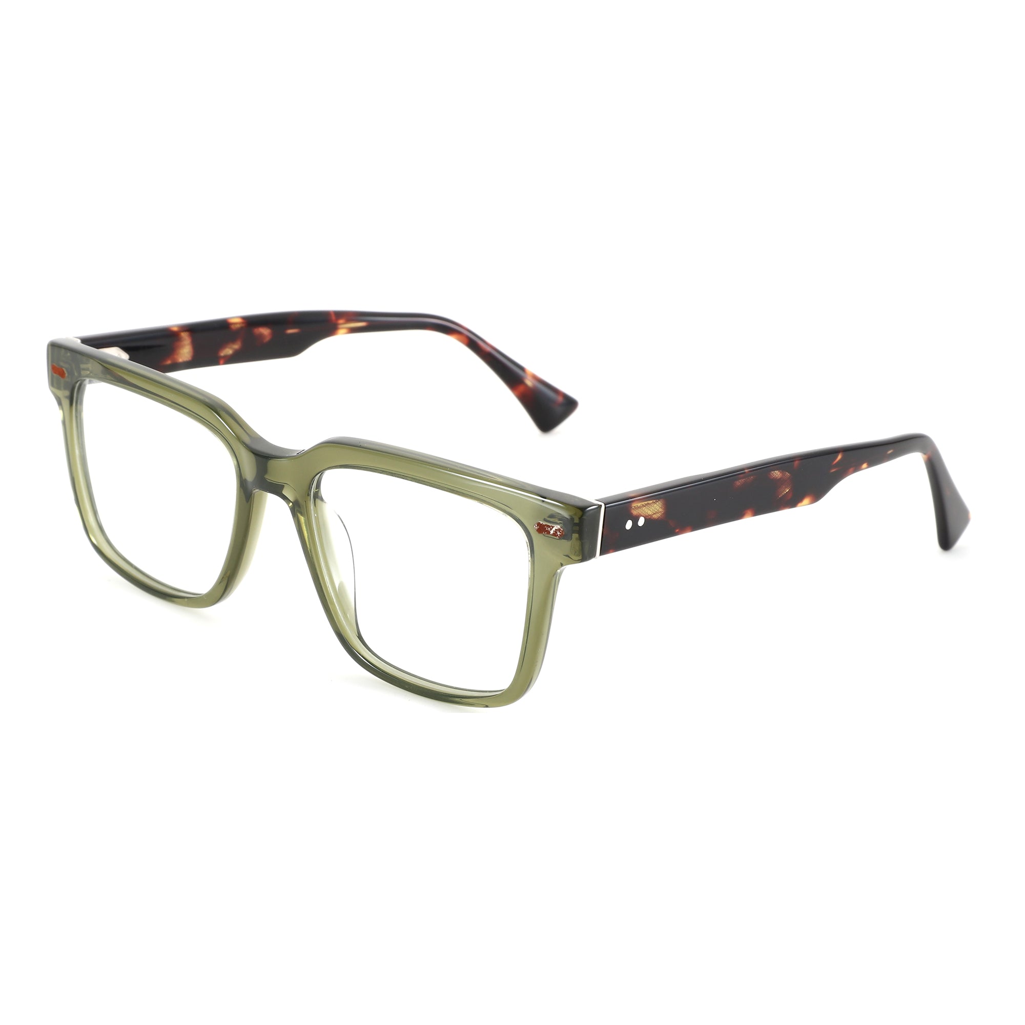 ZENOTTIC Brooks eyeglasses: green square acetate frame with patterned tortoiseshell temples.