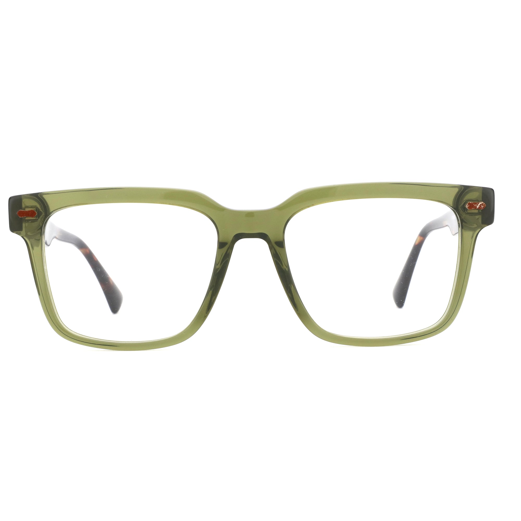 ZENOTTIC Brooks square eyeglasses: olive green acetate full-rim frame, clear demo lenses.