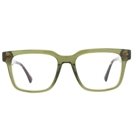 ZENOTTIC Brooks square eyeglasses: olive green acetate full-rim frame, clear demo lenses.