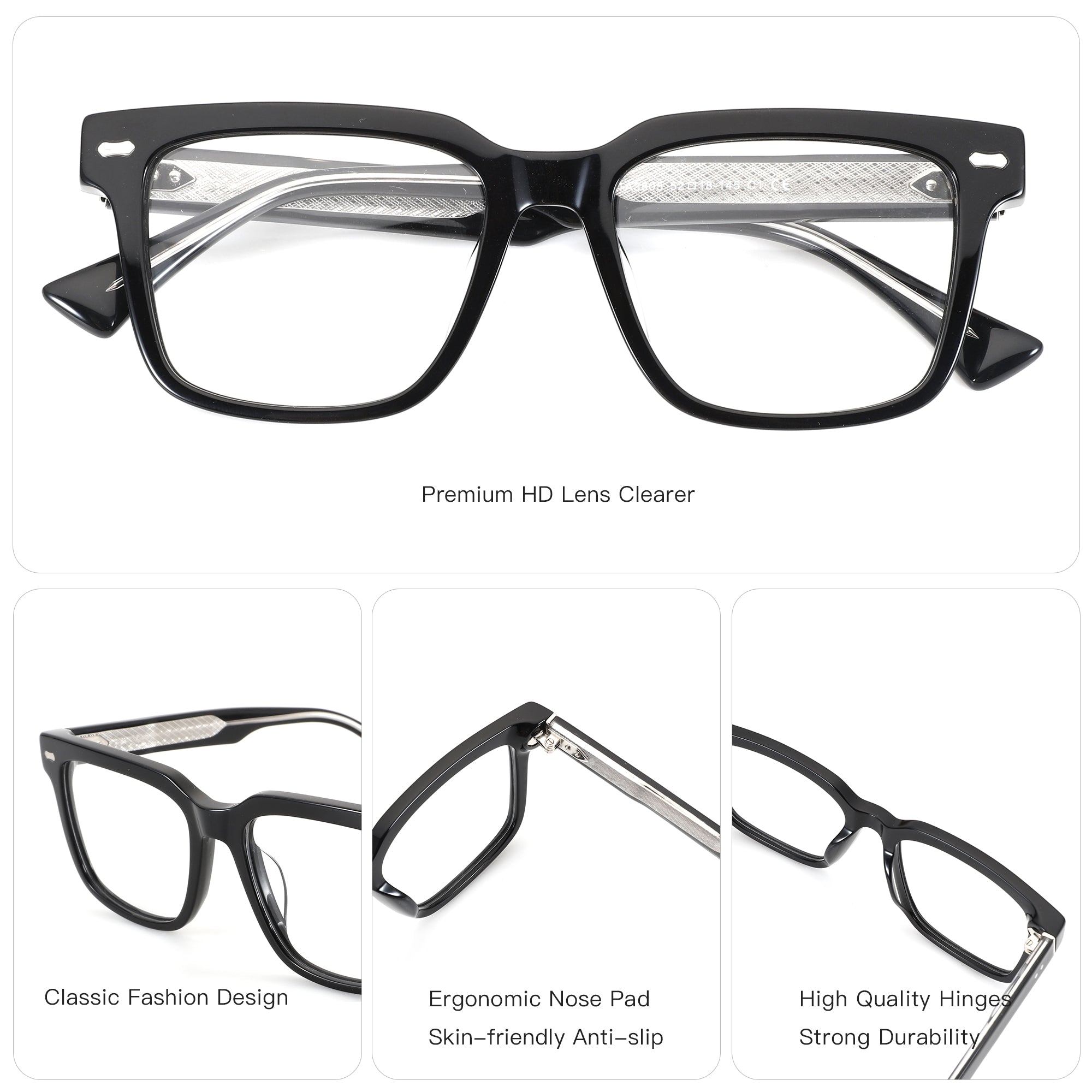 ZENOTTIC Brooks eyeglasses: Black acetate square frame with clear lenses, classic fashion design.