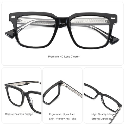 ZENOTTIC Brooks eyeglasses: Black acetate square frame with clear lenses, classic fashion design.
