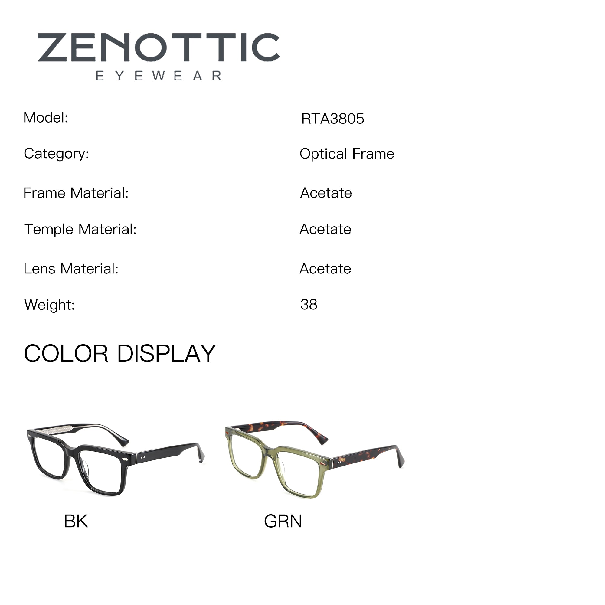 ZENOTTIC Brooks acetate square eyeglasses in black and green tortoise.