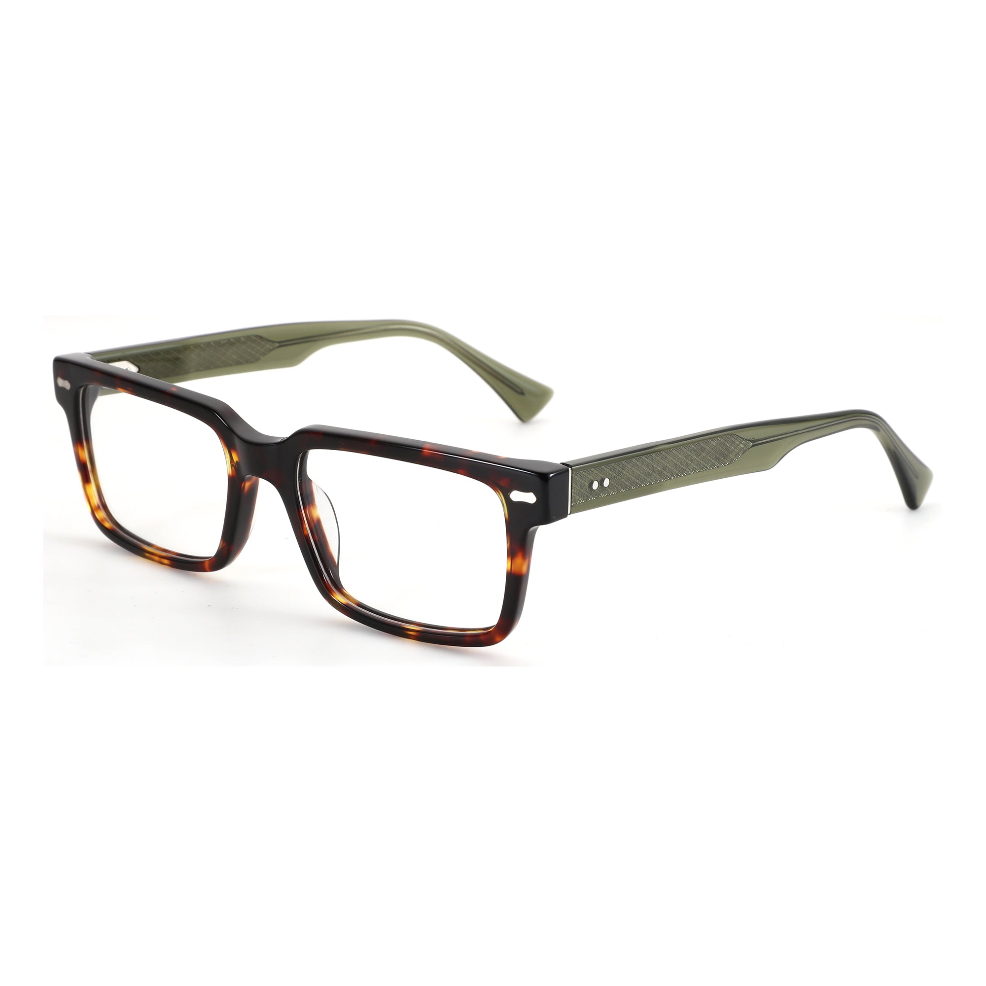 ZENOTTIC Bryce eyeglasses: Tortoiseshell acetate square frame with green textured temples.