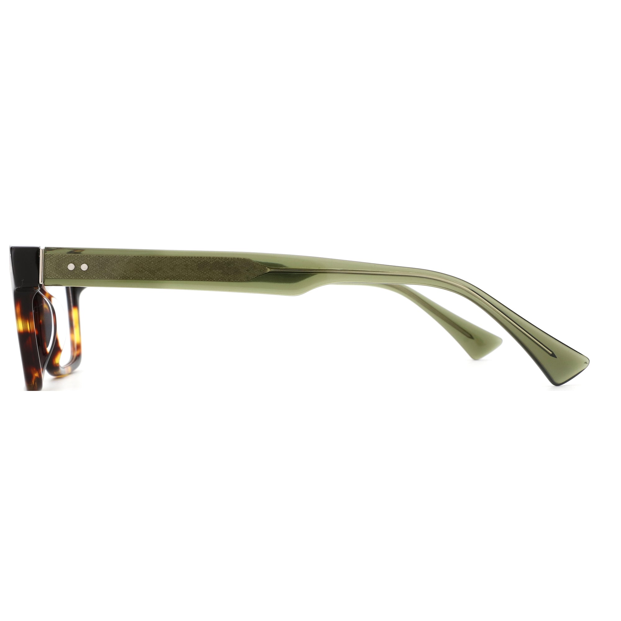 ZENOTTIC Bryce eyeglasses: acetate frame side view. Tortoise shell front, olive green textured temples.