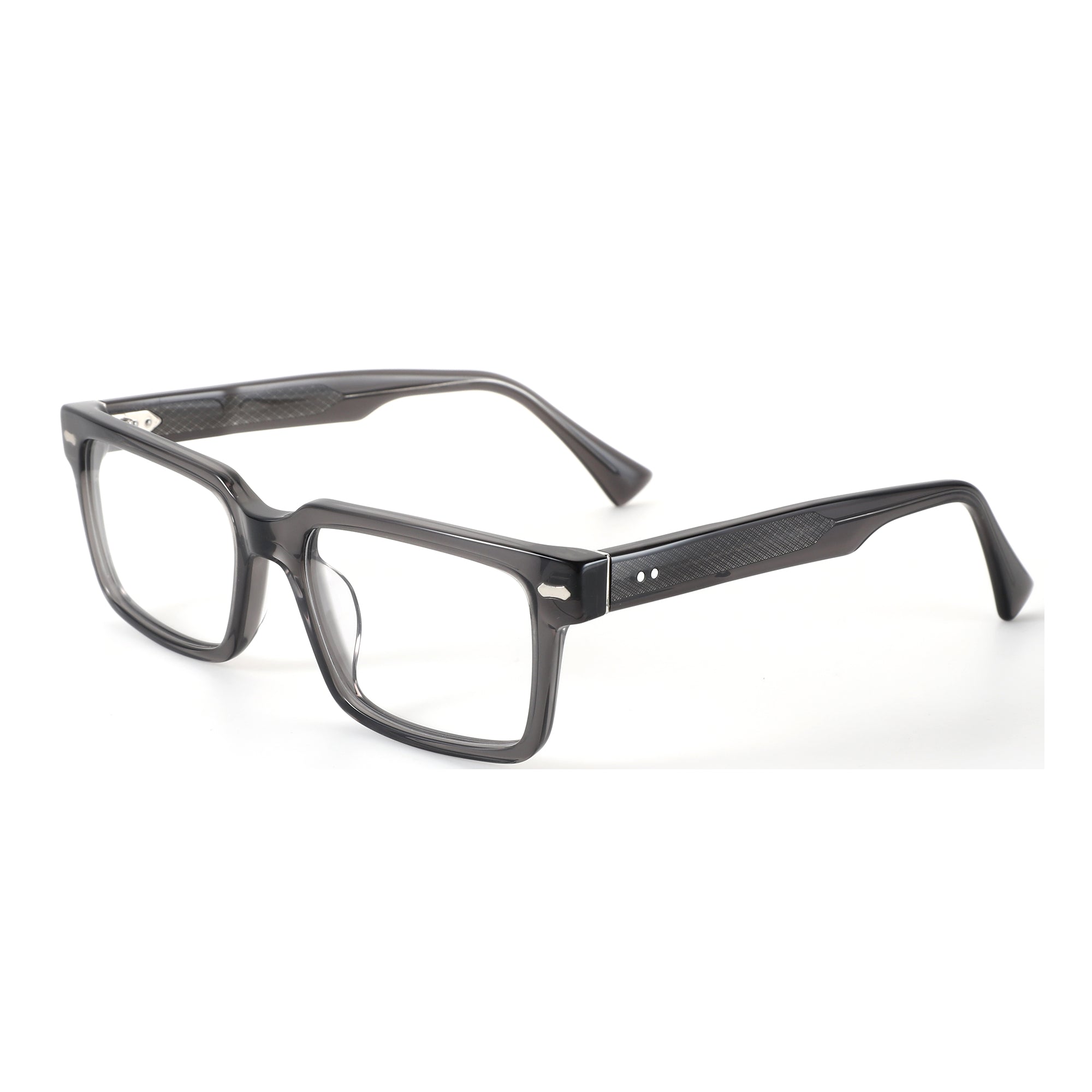 ZENOTTIC Bryce eyeglasses: grey square acetate frame with textured temples and clear lenses.