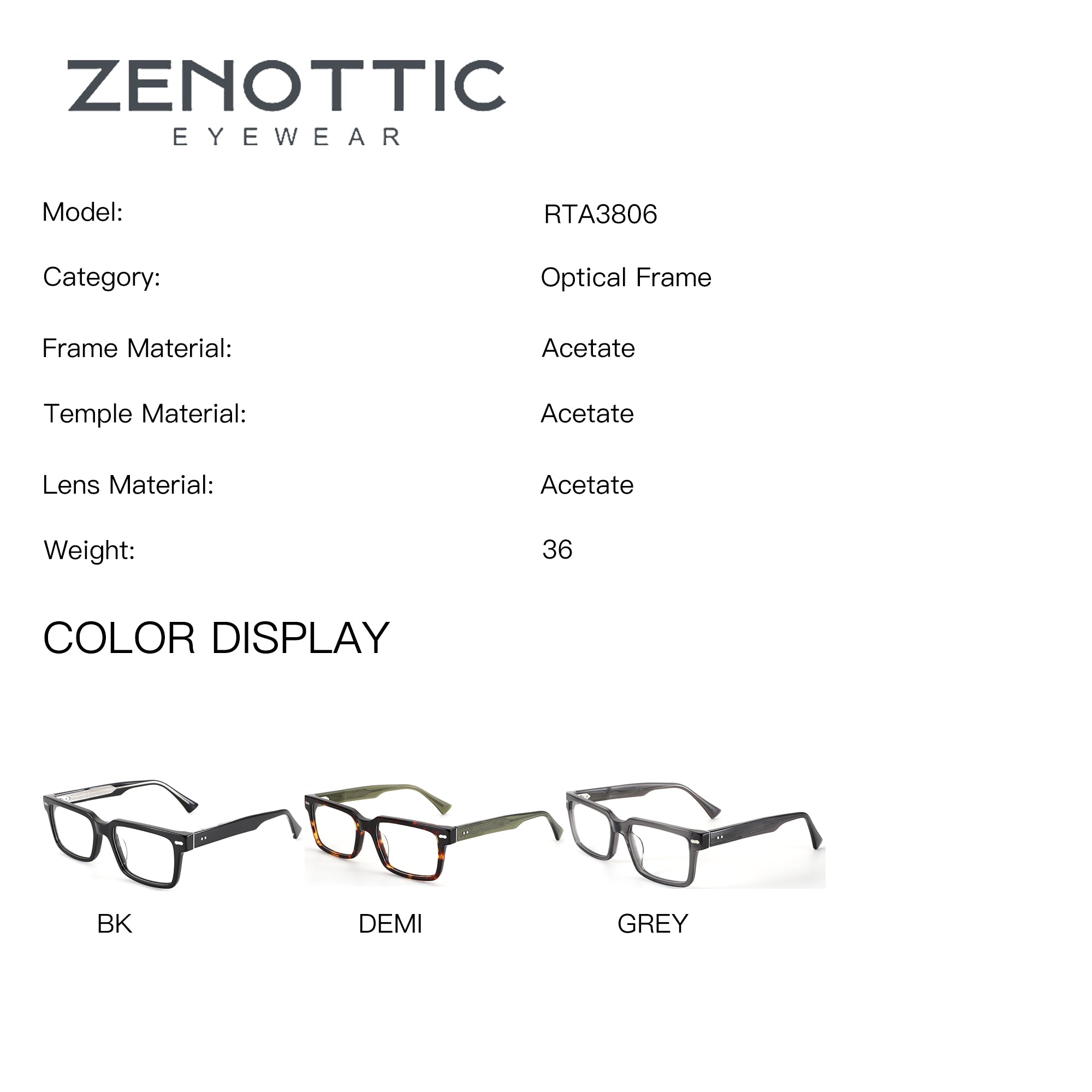 ZENOTTIC Bryce RTA3806 square acetate eyeglasses in BK, DEMI, and GREY color options.