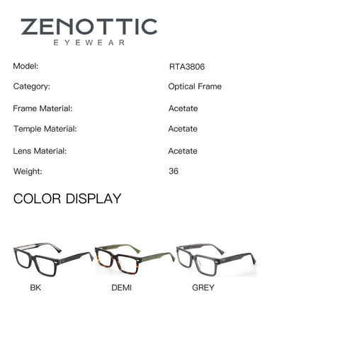 ZENOTTIC Bryce RTA3806 square acetate eyeglasses in BK, DEMI, and GREY color options.