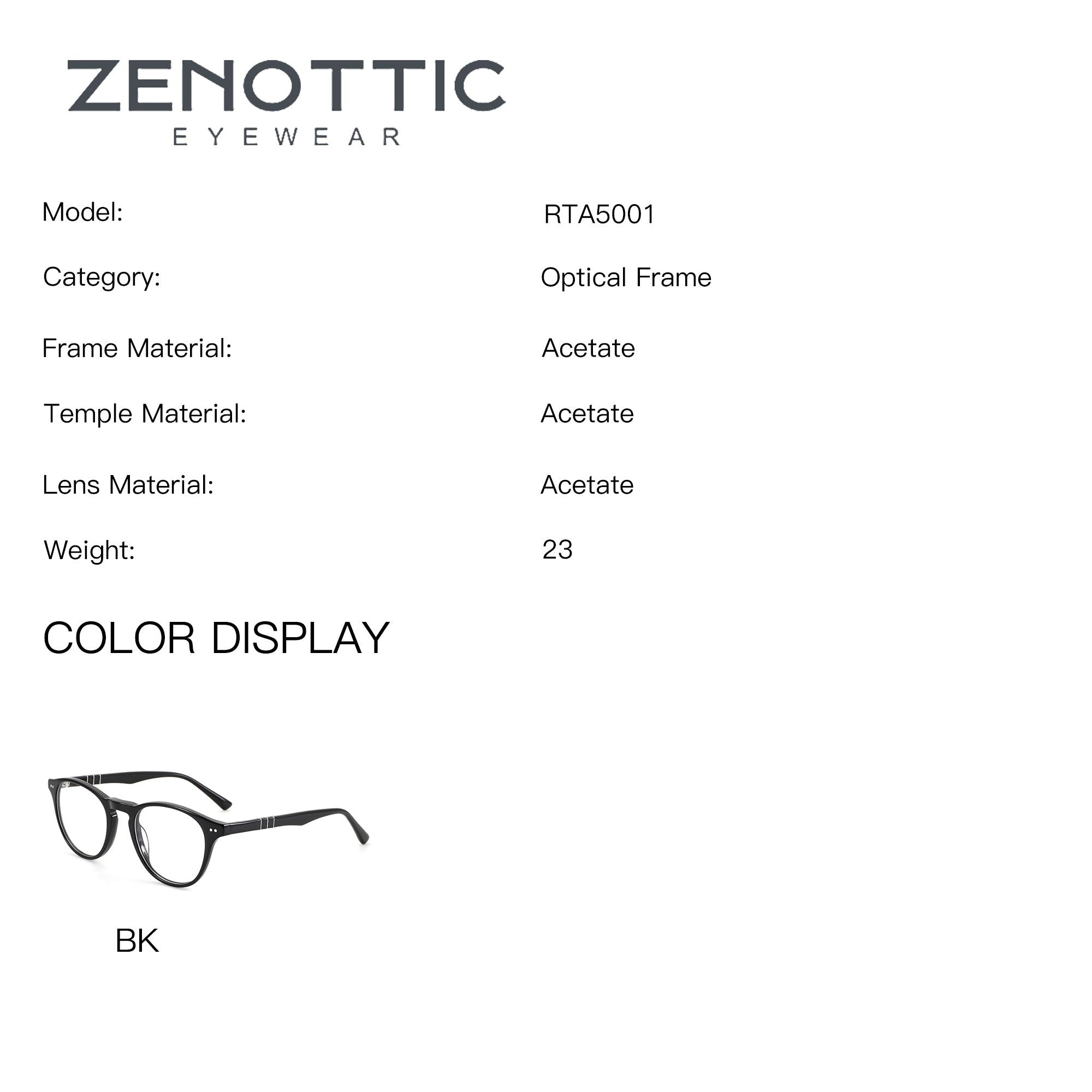 Zenottic Vanilla RTA5001 black acetate round optical frame