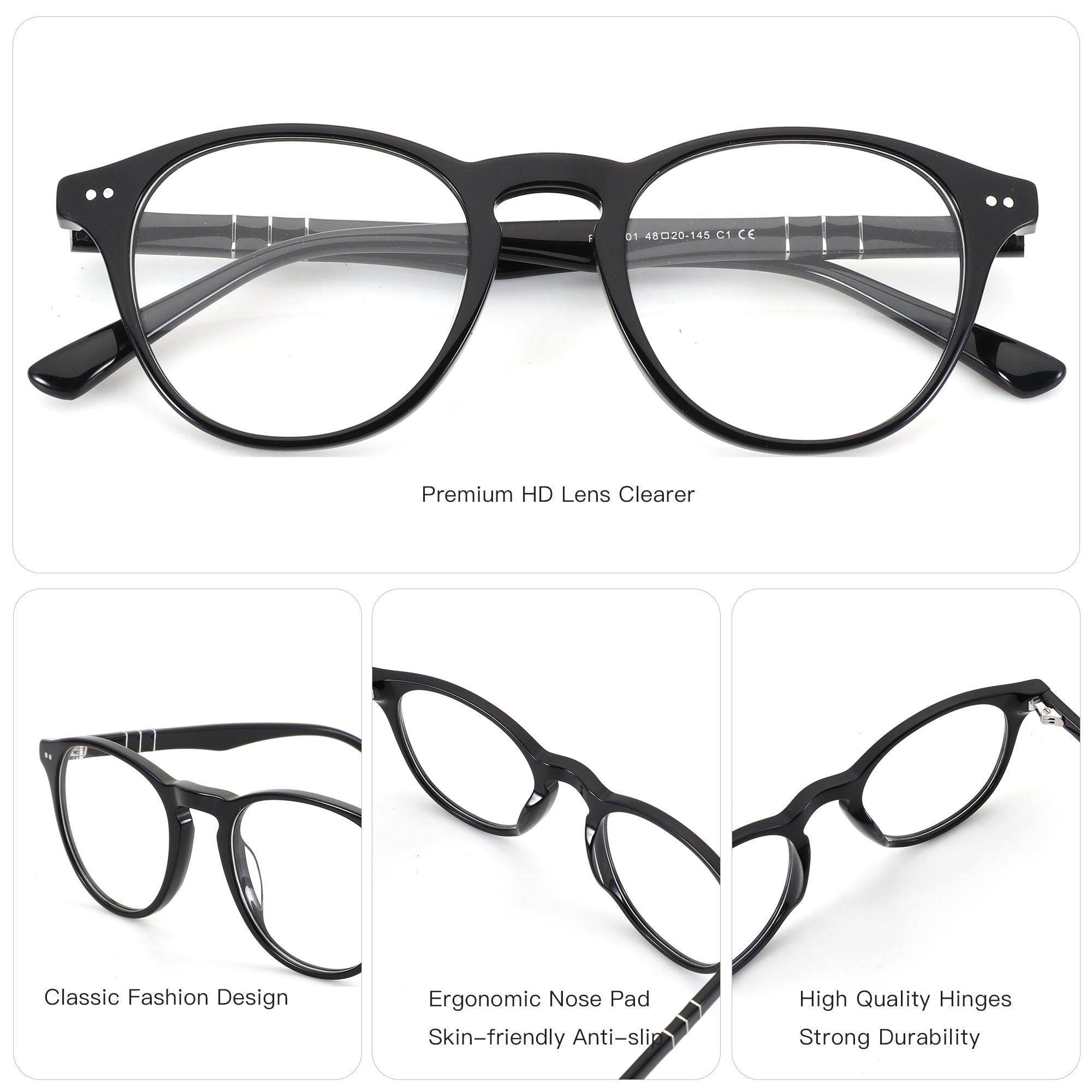 ZENOTTIC Vanilla black acetate retro round eyeglasses 48-20-145, classic design