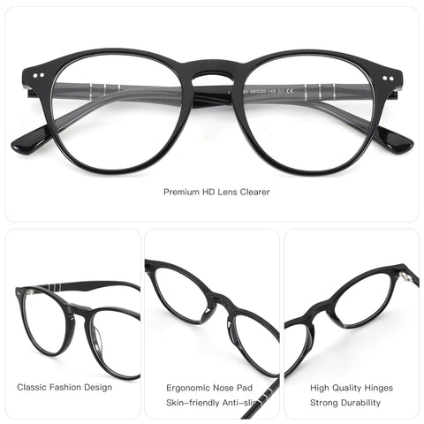 ZENOTTIC Vanilla black acetate retro round eyeglasses 48-20-145, classic design