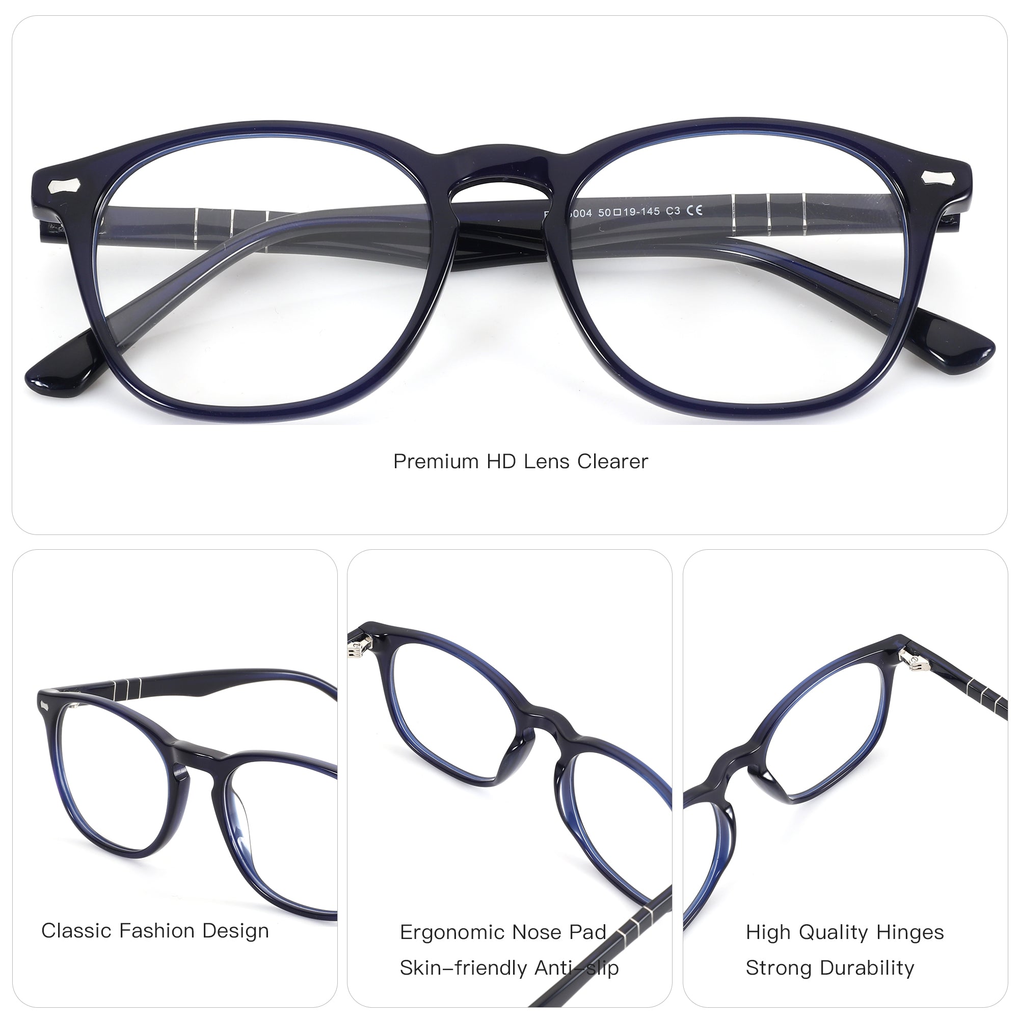 ZENOTTIC Amireux dark blue round acetate glasses with clear lenses, premium HD clearer.