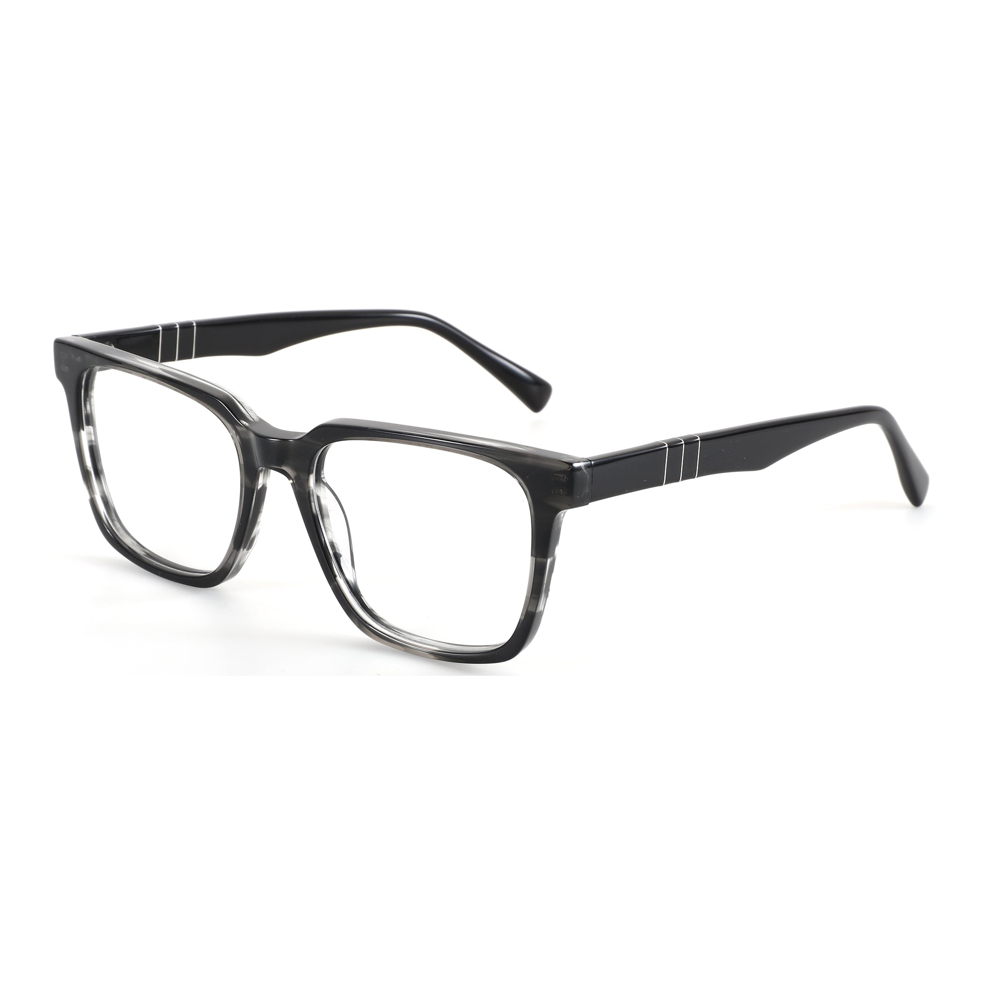 Zenottic square eyeglasses, black and clear marble acetate frame with silver temple detail.