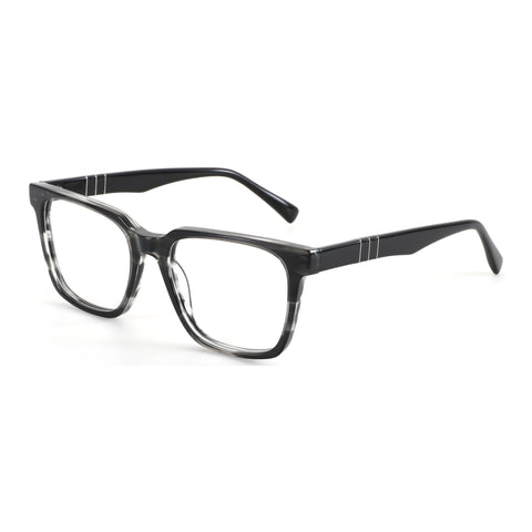 Zenottic square eyeglasses, black and clear marble acetate frame with silver temple detail.