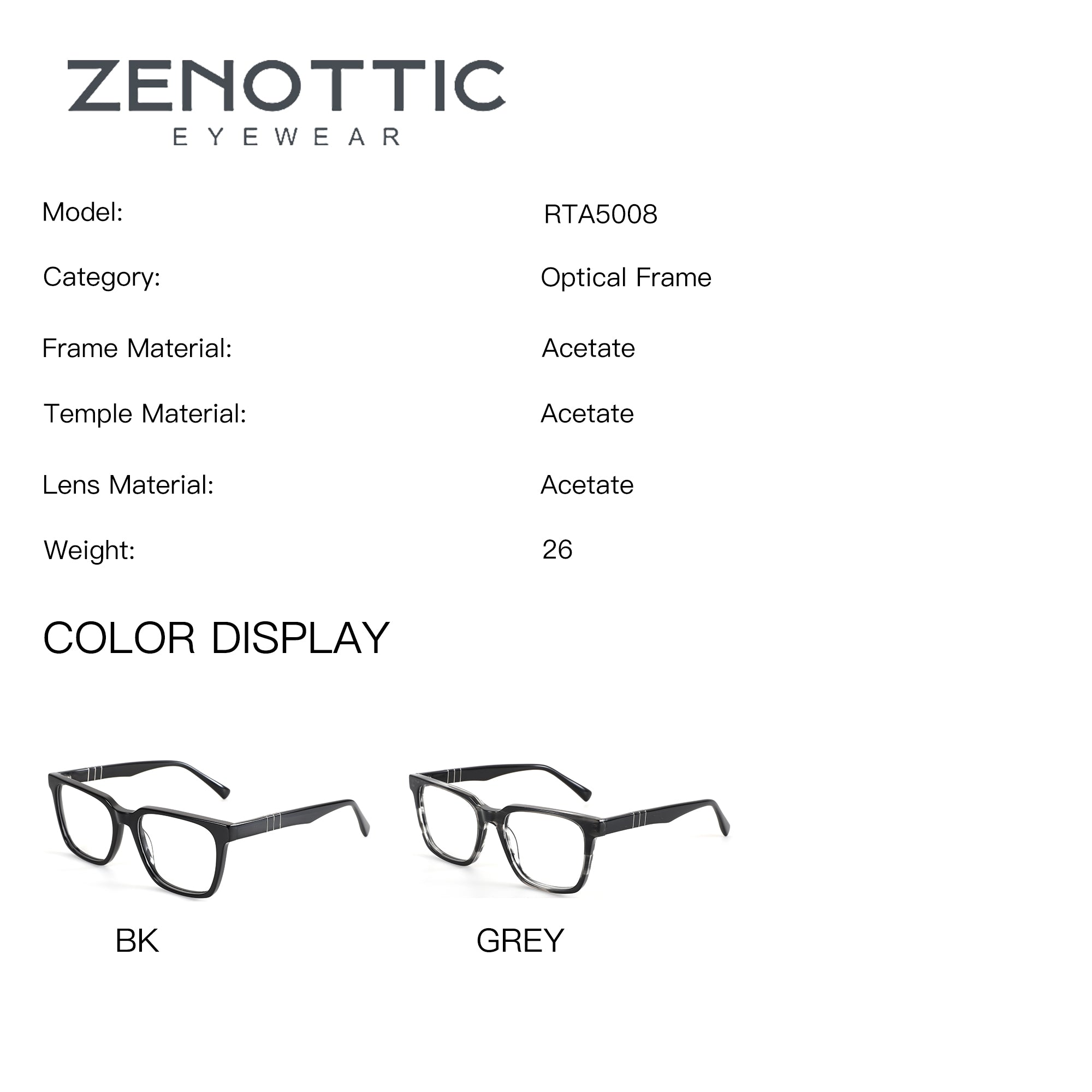 Zenottic Eyeglasses RTA5008 square acetate frames in black and grey.
